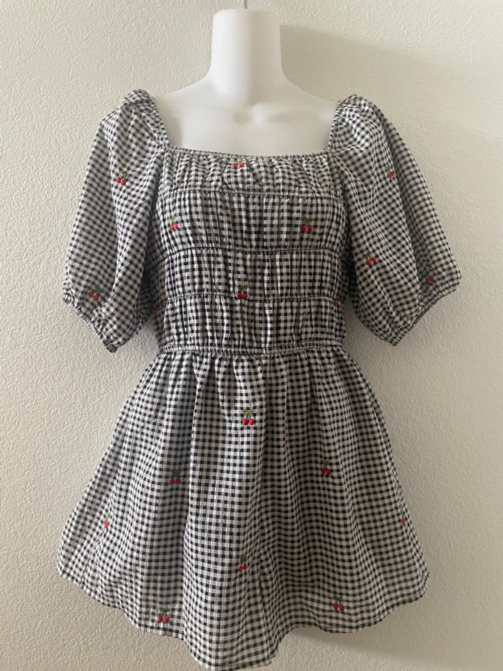 Cloud Ten Women’s Black & White Gingham Romper with Cherry Embroidery